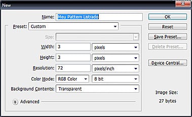 Passo 1 p/ criar Patterns Photoshop = Criando um novo arquivo de fundo