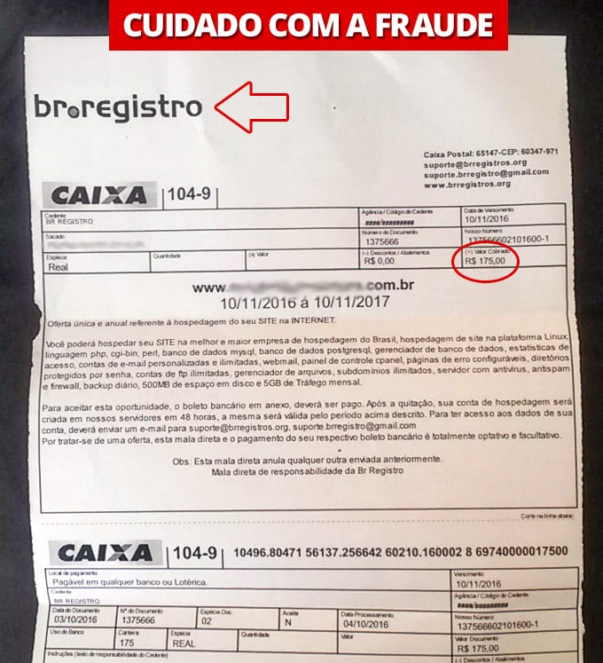 Exemplo de Boleto Falso cobrando um Domínio de Site